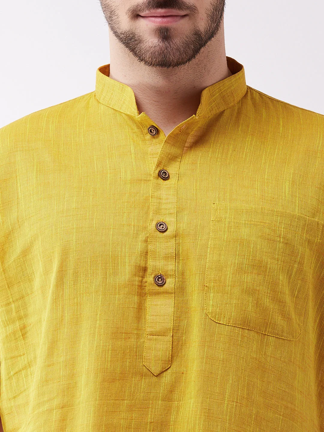 Men's Solid Yellow Pure Cotton Kurta - Vastramay