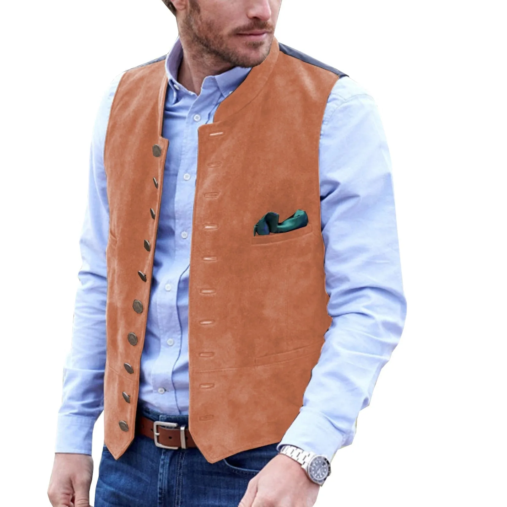 Men's Stand Collar Suede Fashion Waistcoat Denim Jacket