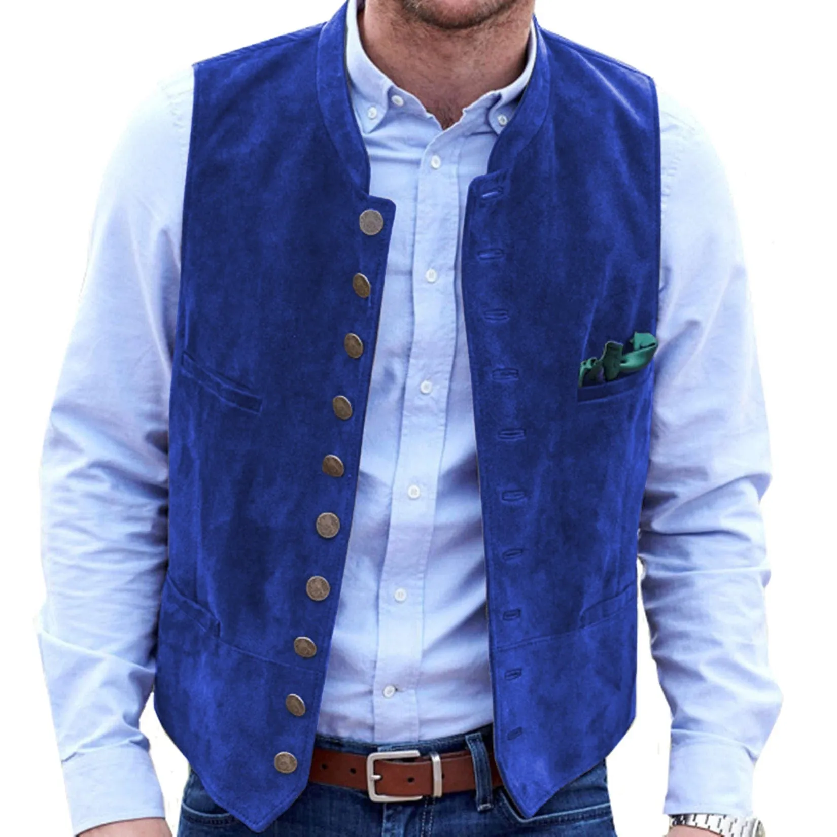 Men's Stand Collar Suede Fashion Waistcoat Denim Jacket