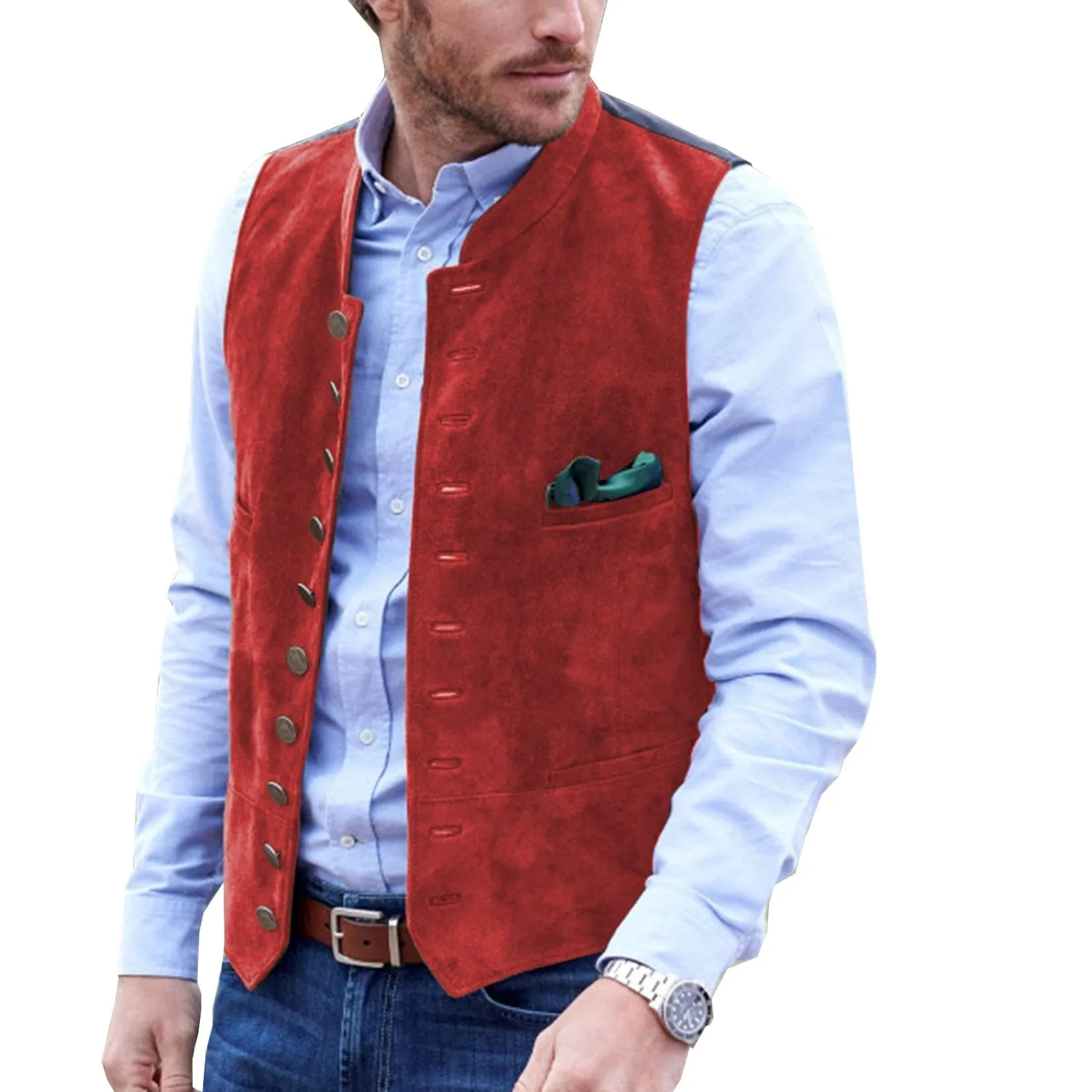 Men's Stand Collar Suede Fashion Waistcoat Denim Jacket