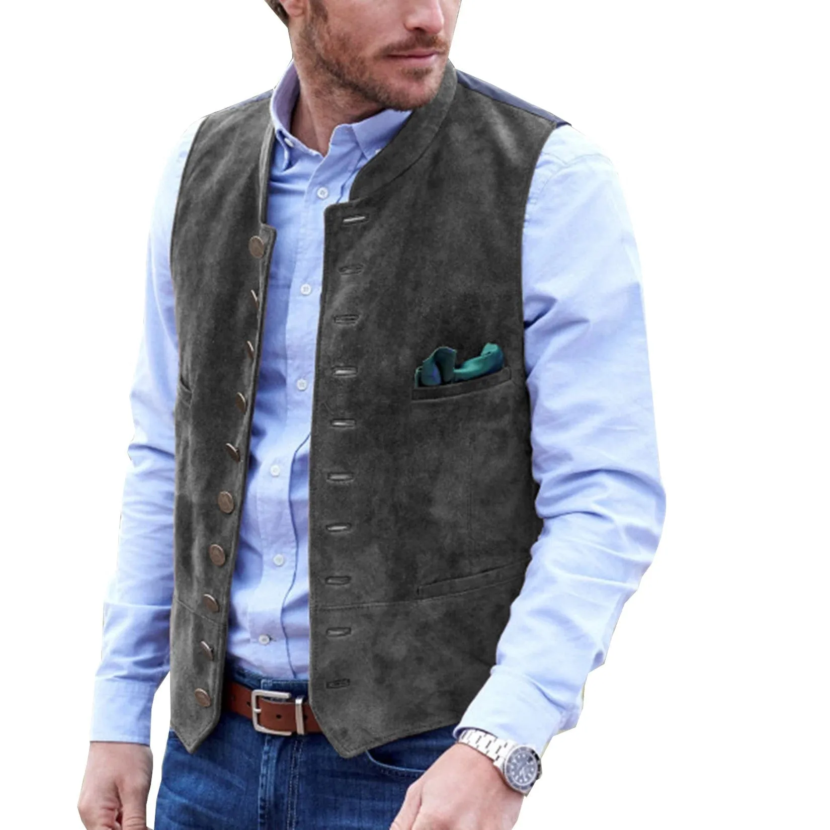 Men's Stand Collar Suede Fashion Waistcoat Denim Jacket