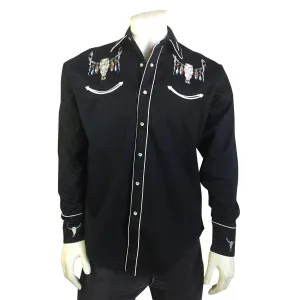 Men's Steer Skulls with Feathers Embroidered Western Shirt in Black