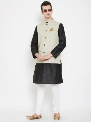 Men's Striped Beige Linen Nehru Jacket - Even Apparels