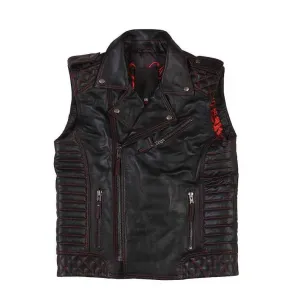 Men's Stylish Lambskin Leather Vest - Fully Quilted with Red Stitching