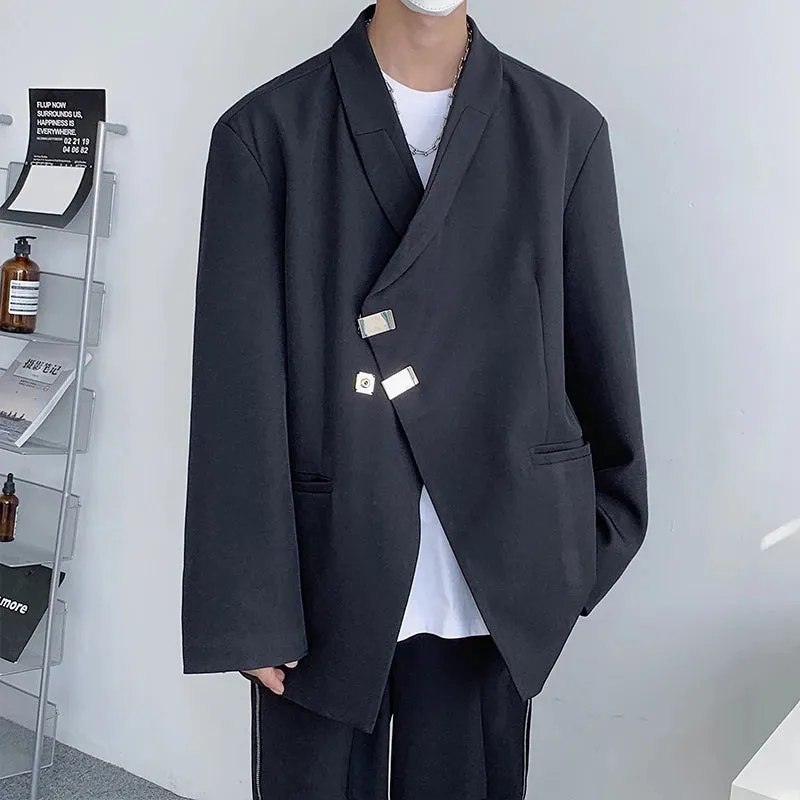 Men's Suit Jacket Silhouette Loose Niche Inclined Placket Metal Buckle Solid Color Long Sleeve Male Tops 24X8230