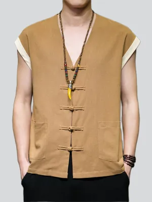 Men's Summer Cotton Linen Breathable Button Sleeveless Vest