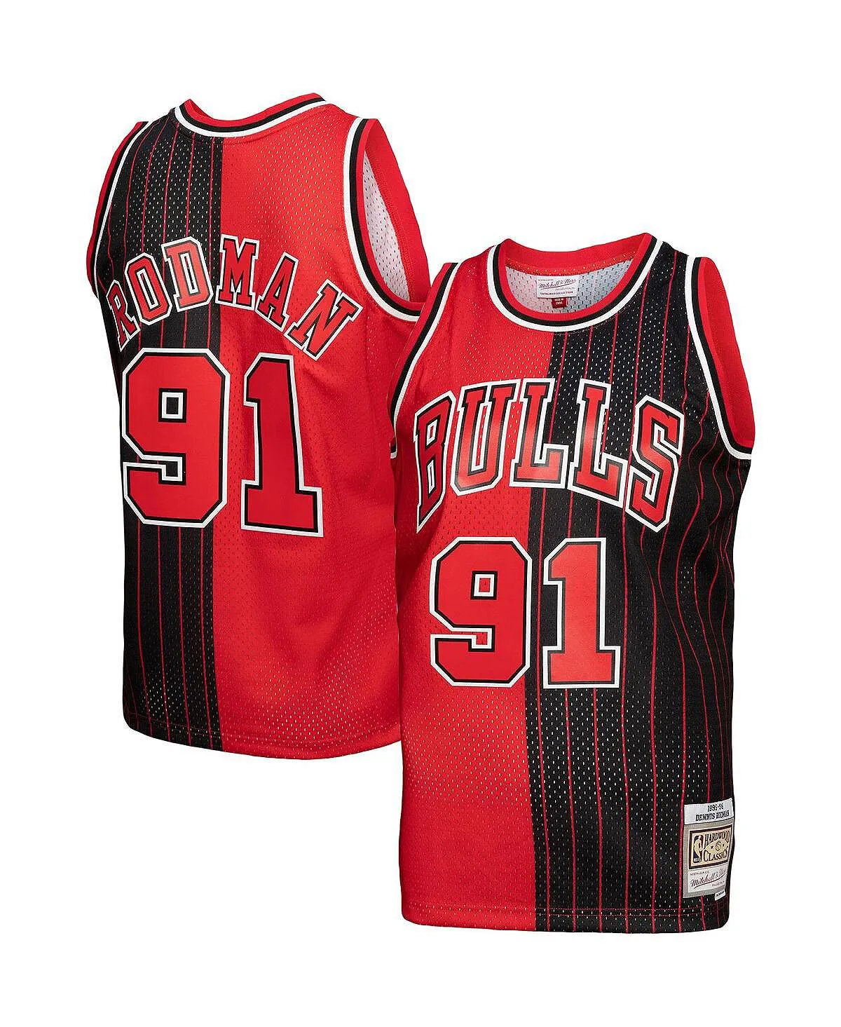 Men's T-shirt dennis rodman red, black chicago bulls hardwood classics 1995-96 split swingman jersey Mitchell & Ness, multi