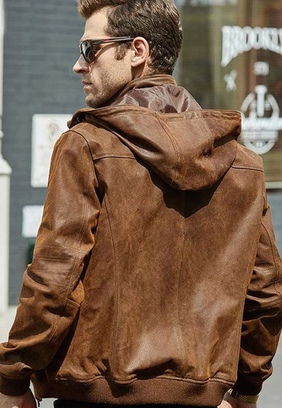 Men’s Tan Brown Leather Bomber Jacket Removable Hood