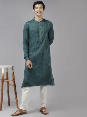 Men's Teal & Beige Woven Design Thread Work Kurta - See Designs