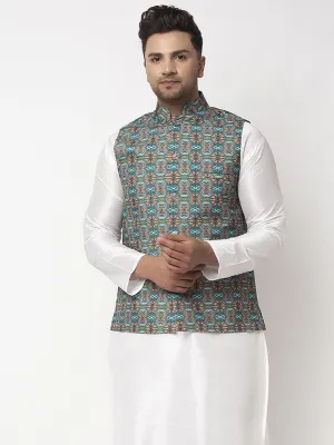 Men's Teal Blue & Multi Printed Nehru Jacket - Benstoke