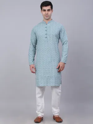 Men's Teal Blue & White Embroidered Straight Kurta Pyjama Set ( Jokp 626 Teal ) - Virat Fashions