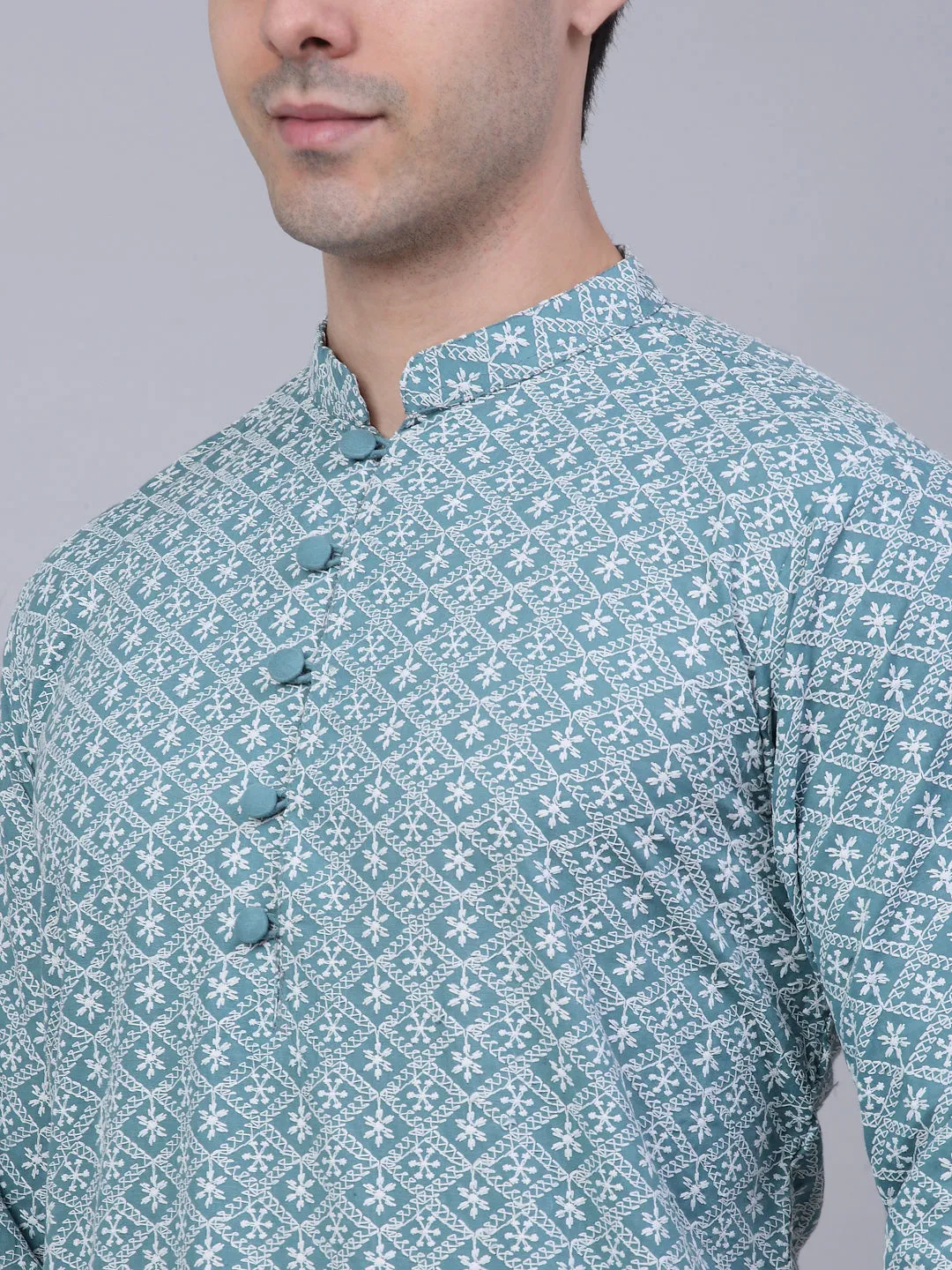 Men's Teal Blue & White embroidered Straight Kurta Pyjama Set