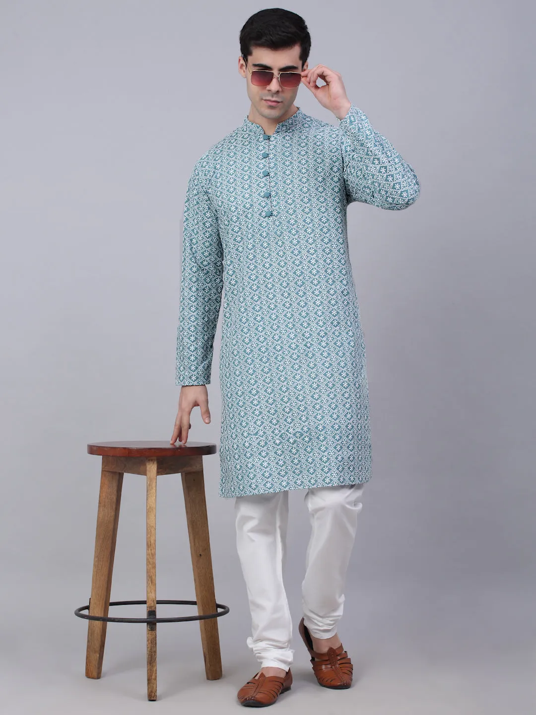 Men's Teal Blue & White embroidered Straight Kurta Pyjama Set