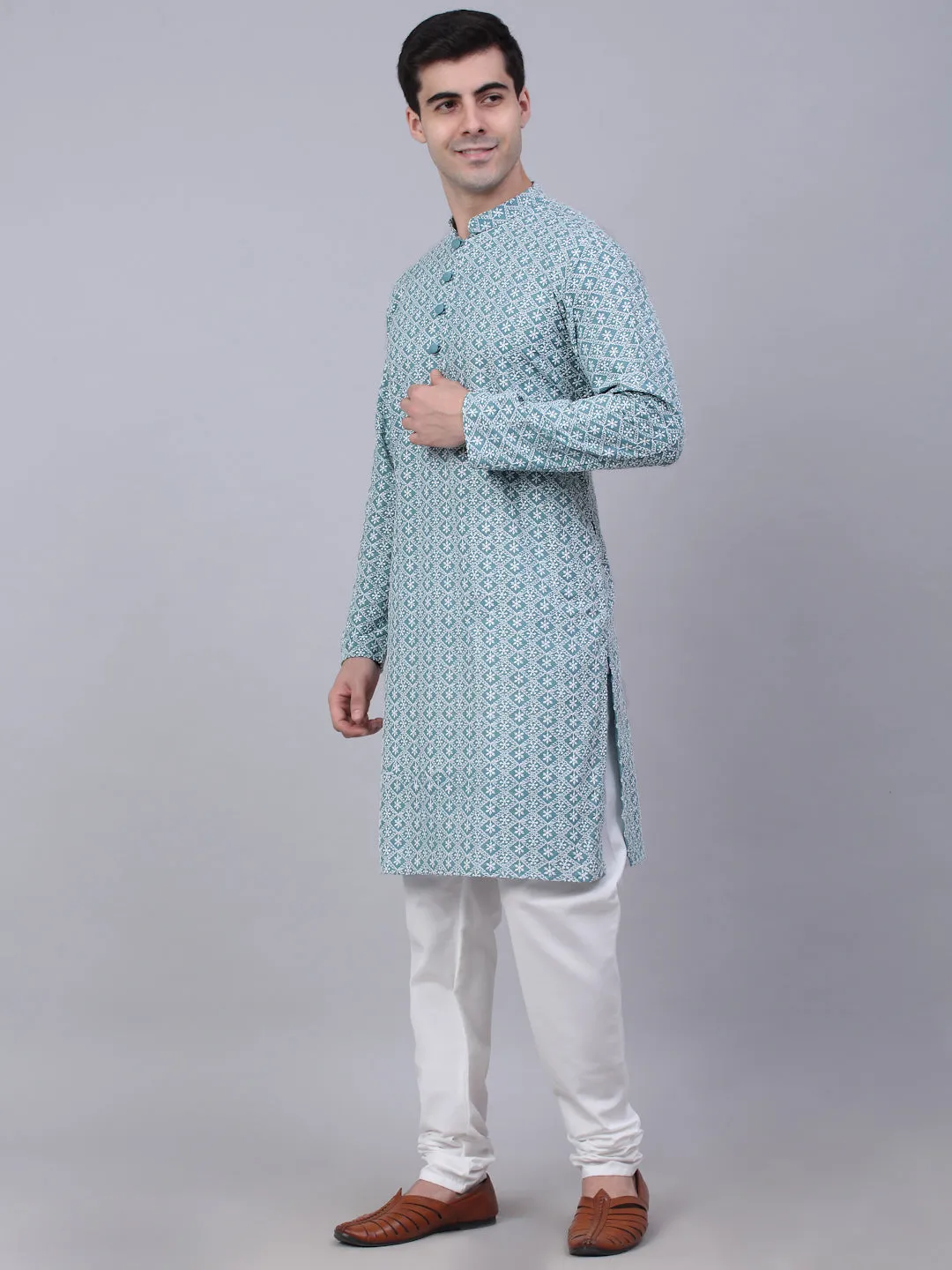 Men's Teal Blue & White embroidered Straight Kurta Pyjama Set