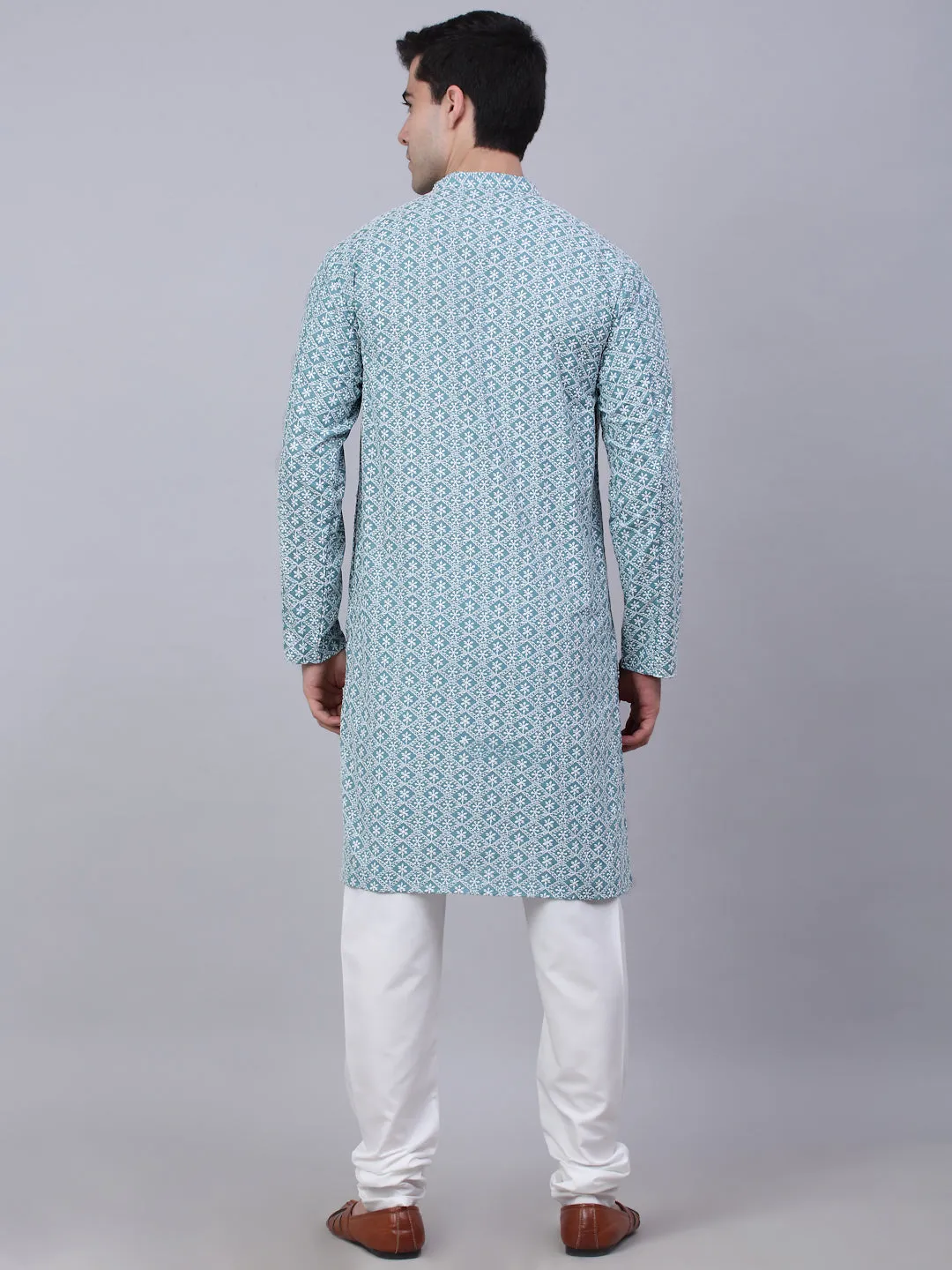 Men's Teal Blue & White embroidered Straight Kurta Pyjama Set