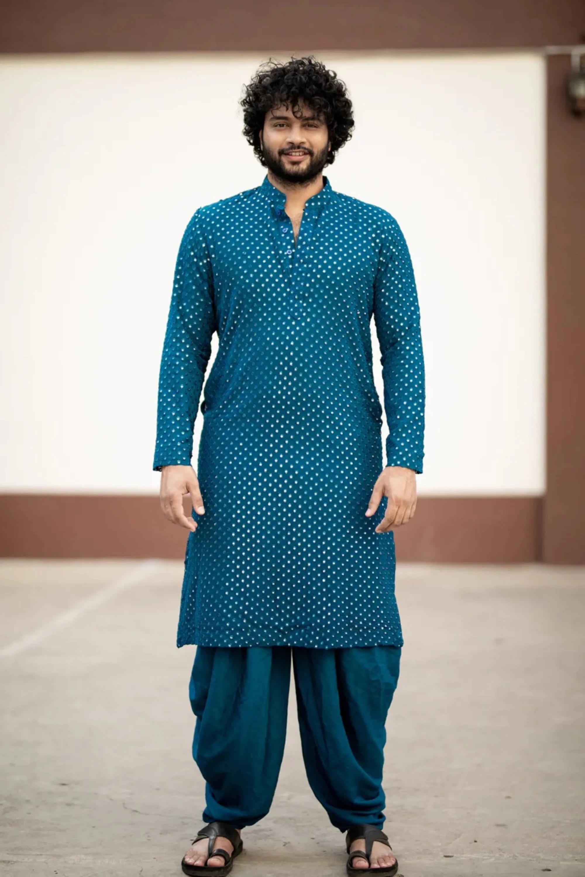 Men's Teal Blue Color Teal Blue Mirror Kurta   Patiala Pants Georgette & Santone - Hilo Design