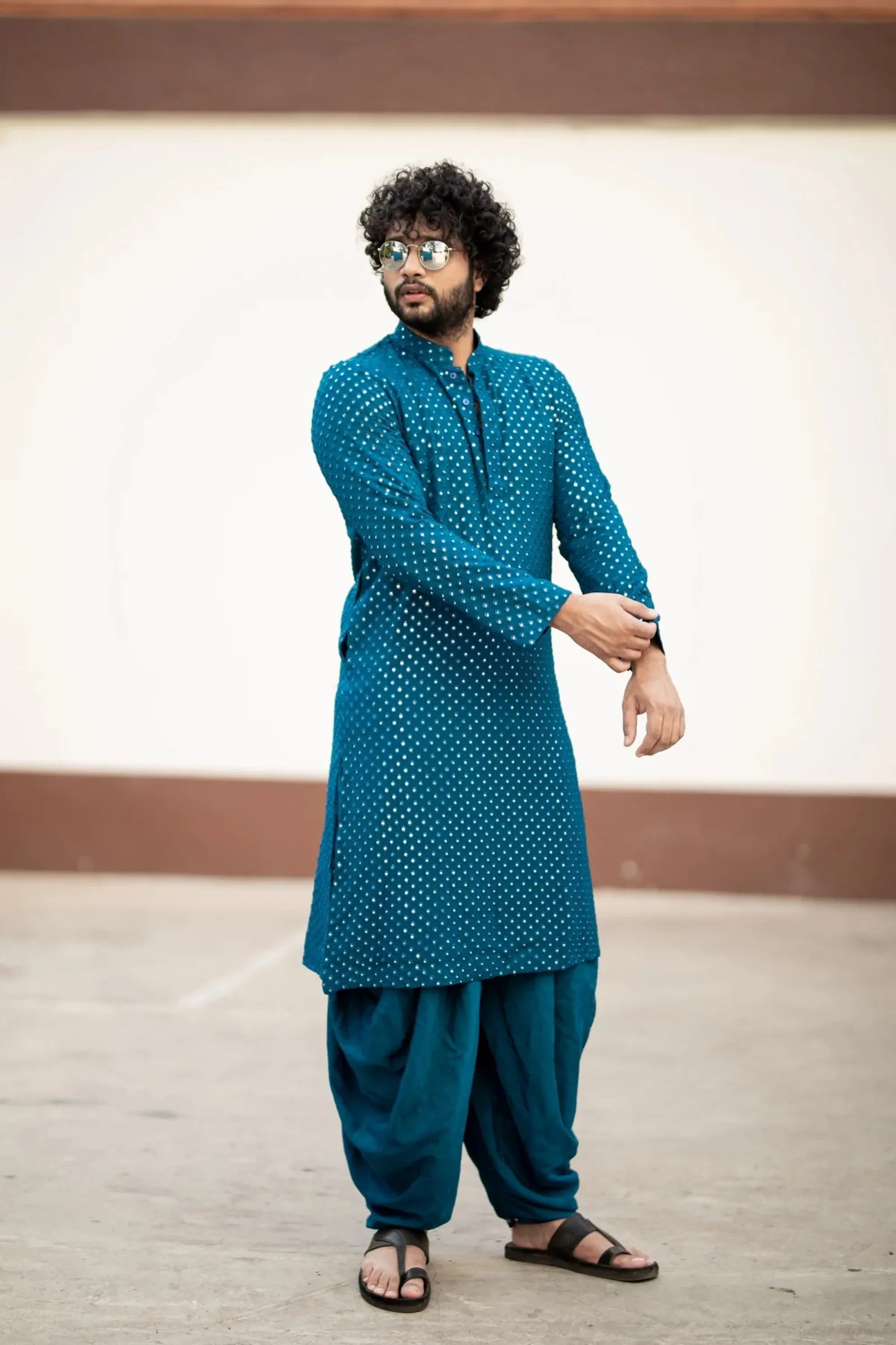 Men's Teal Blue Color Teal Blue Mirror Kurta   Patiala Pants Georgette & Santone - Hilo Design