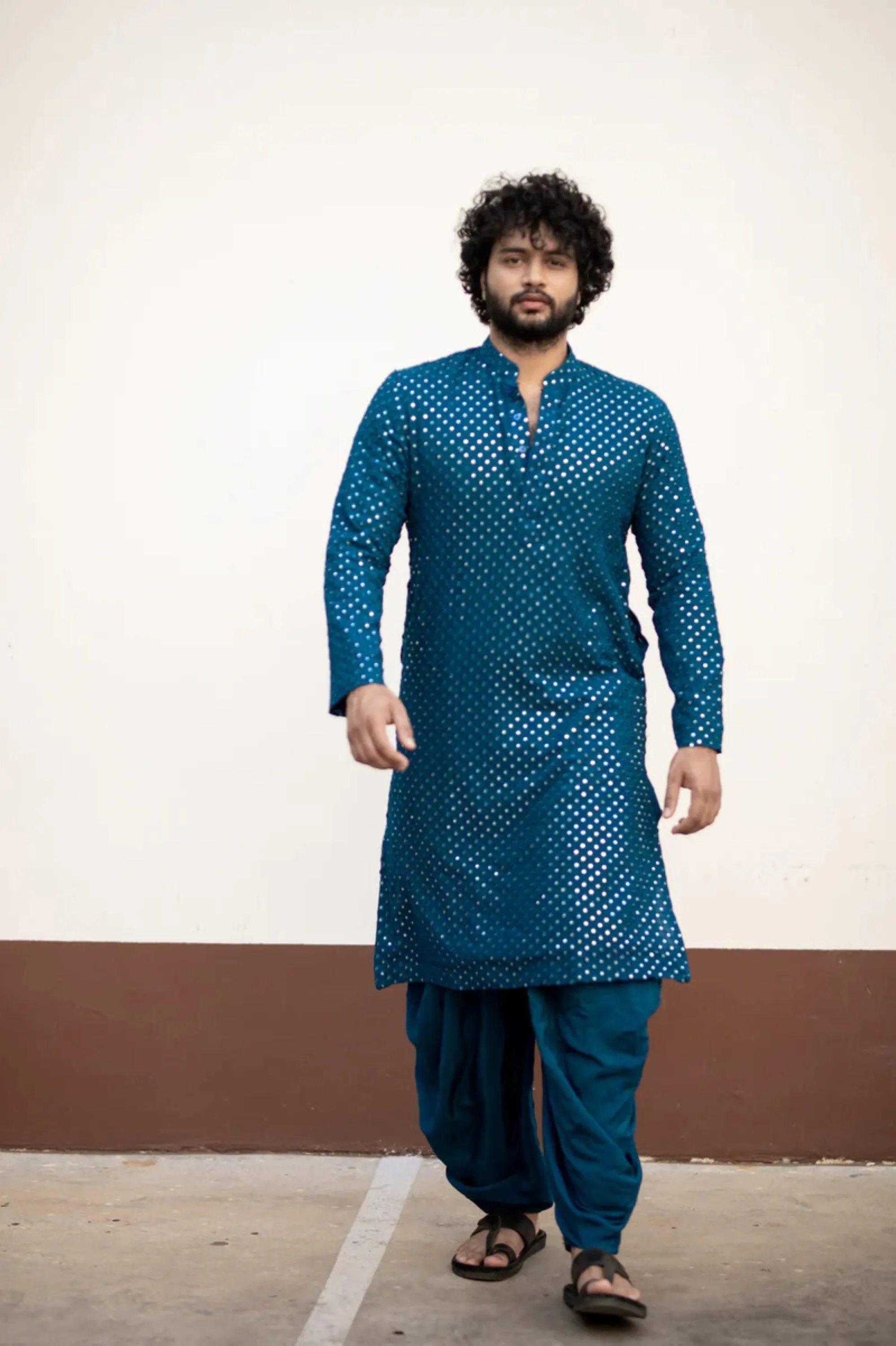 Men's Teal Blue Color Teal Blue Mirror Kurta   Patiala Pants Georgette & Santone - Hilo Design