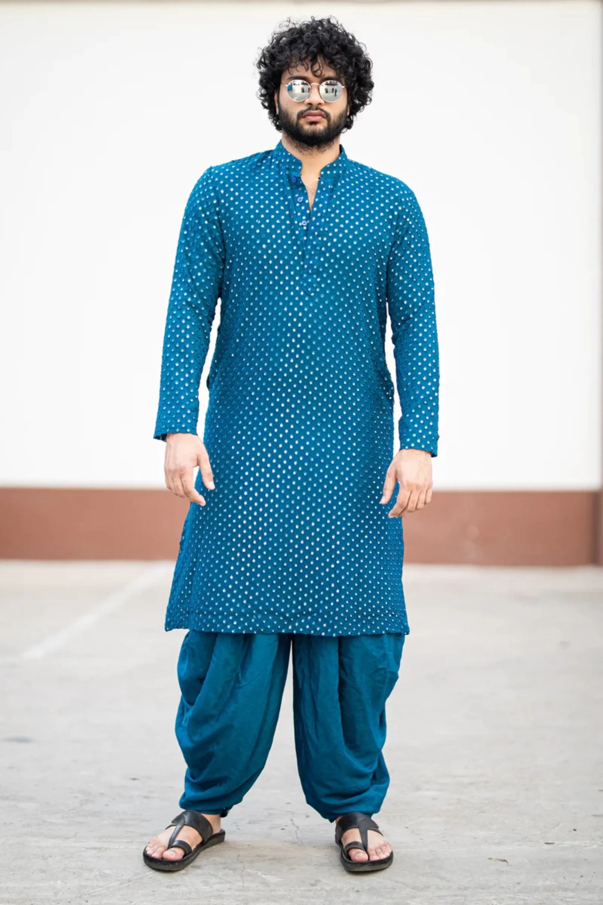 Men's Teal Blue Color Teal Blue Mirror Kurta   Patiala Pants Georgette & Santone - Hilo Design