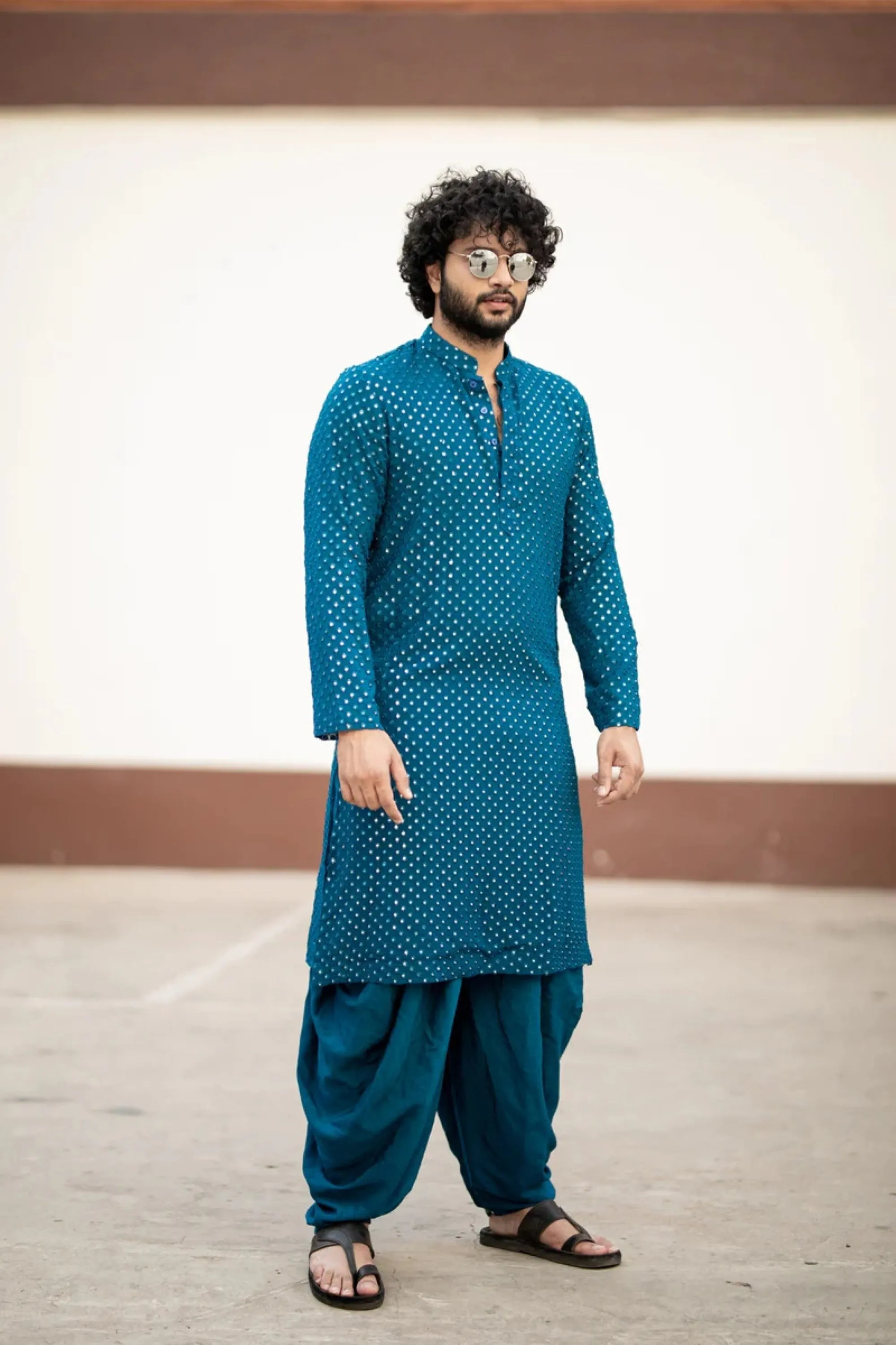 Men's Teal Blue Color Teal Blue Mirror Kurta   Patiala Pants Georgette & Santone - Hilo Design