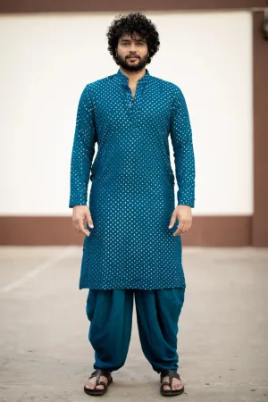 Men's Teal Blue Color Teal Blue Mirror Kurta   Patiala Pants Georgette & Santone - Hilo Design