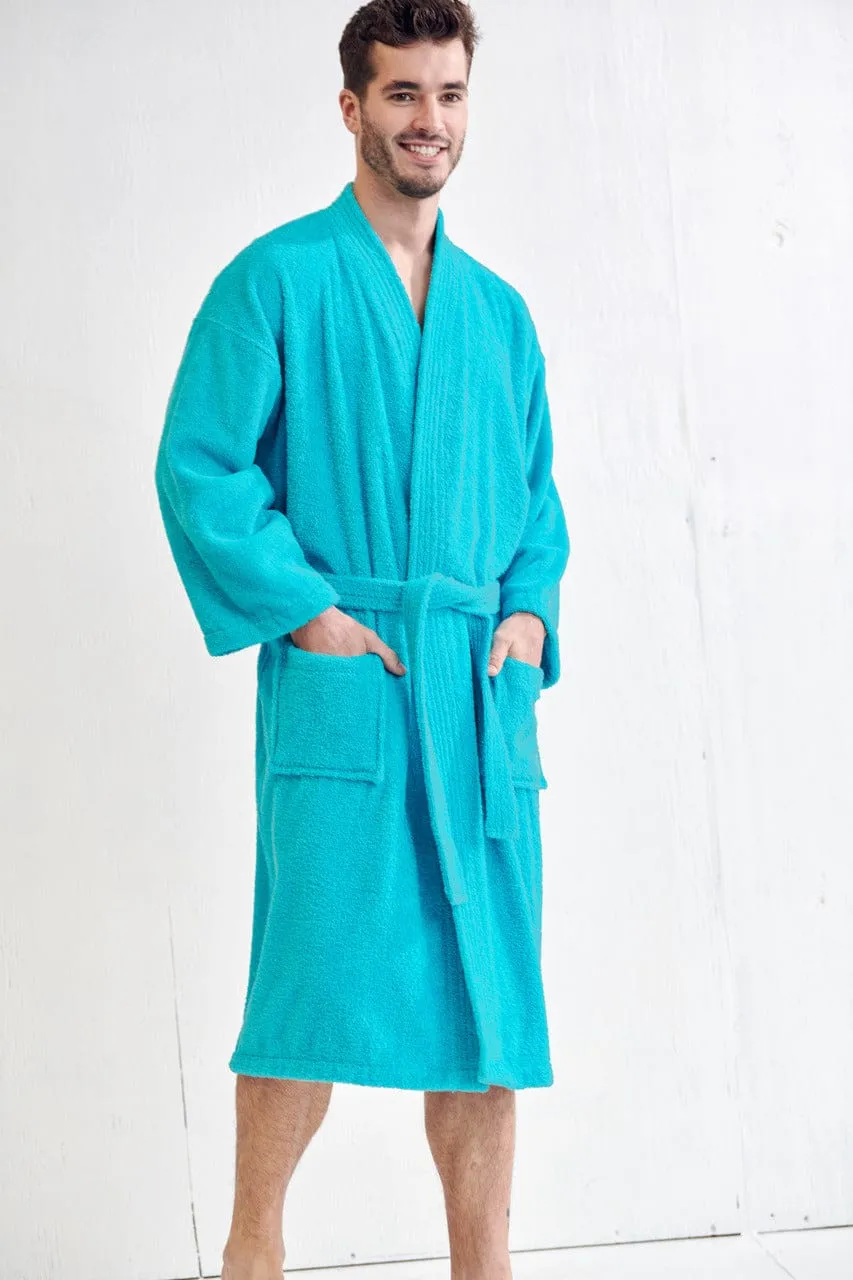 Men's Terry Cloth Cotton Turkish Bathrobe, Kimono Style, Luxury & Comfortable, (Aqua)