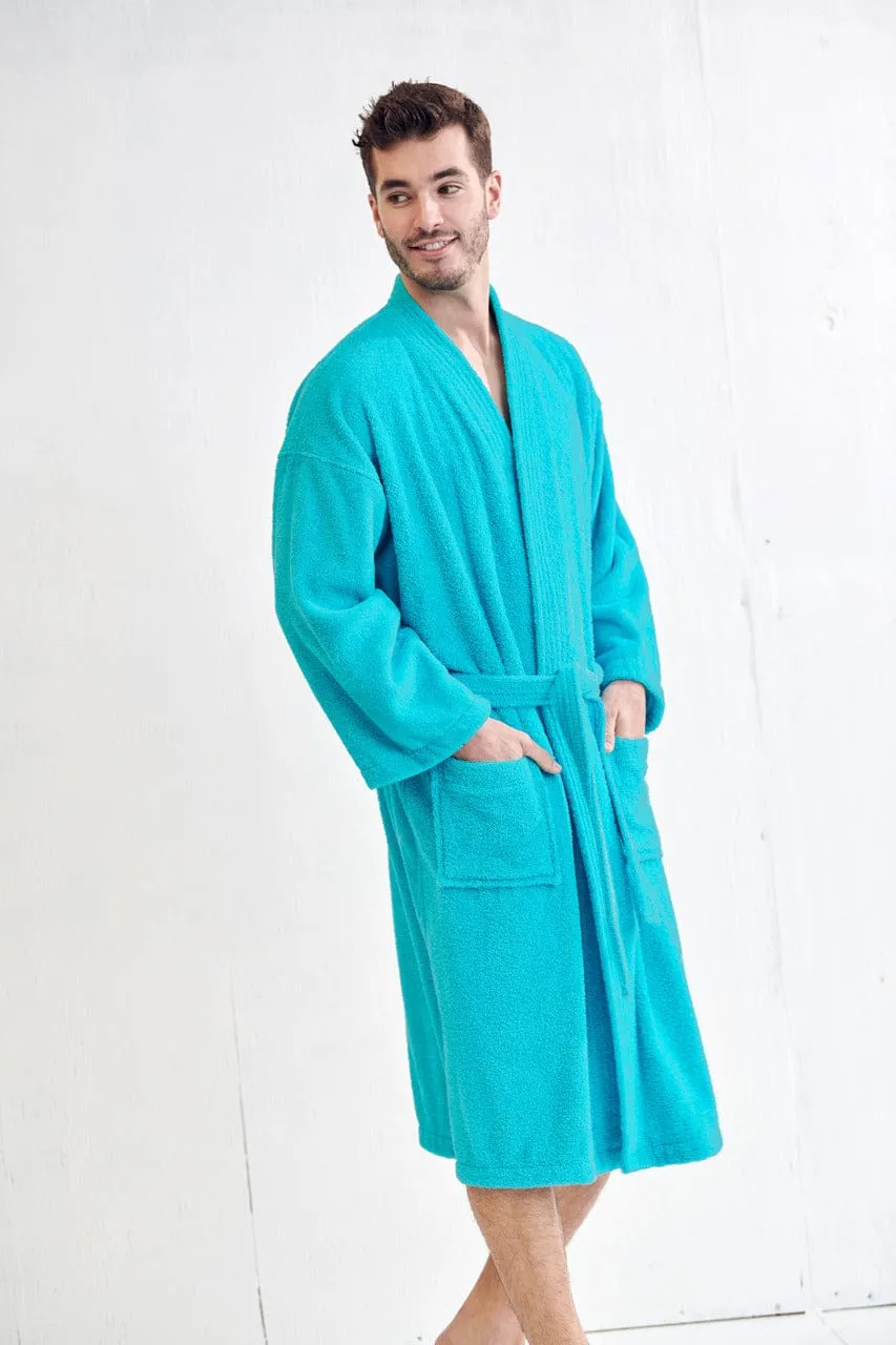 Men's Terry Cloth Cotton Turkish Bathrobe, Kimono Style, Luxury & Comfortable, (Aqua)