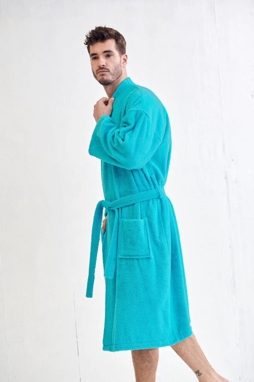 Men's Terry Cloth Cotton Turkish Bathrobe, Kimono Style, Luxury & Comfortable, (Aqua)