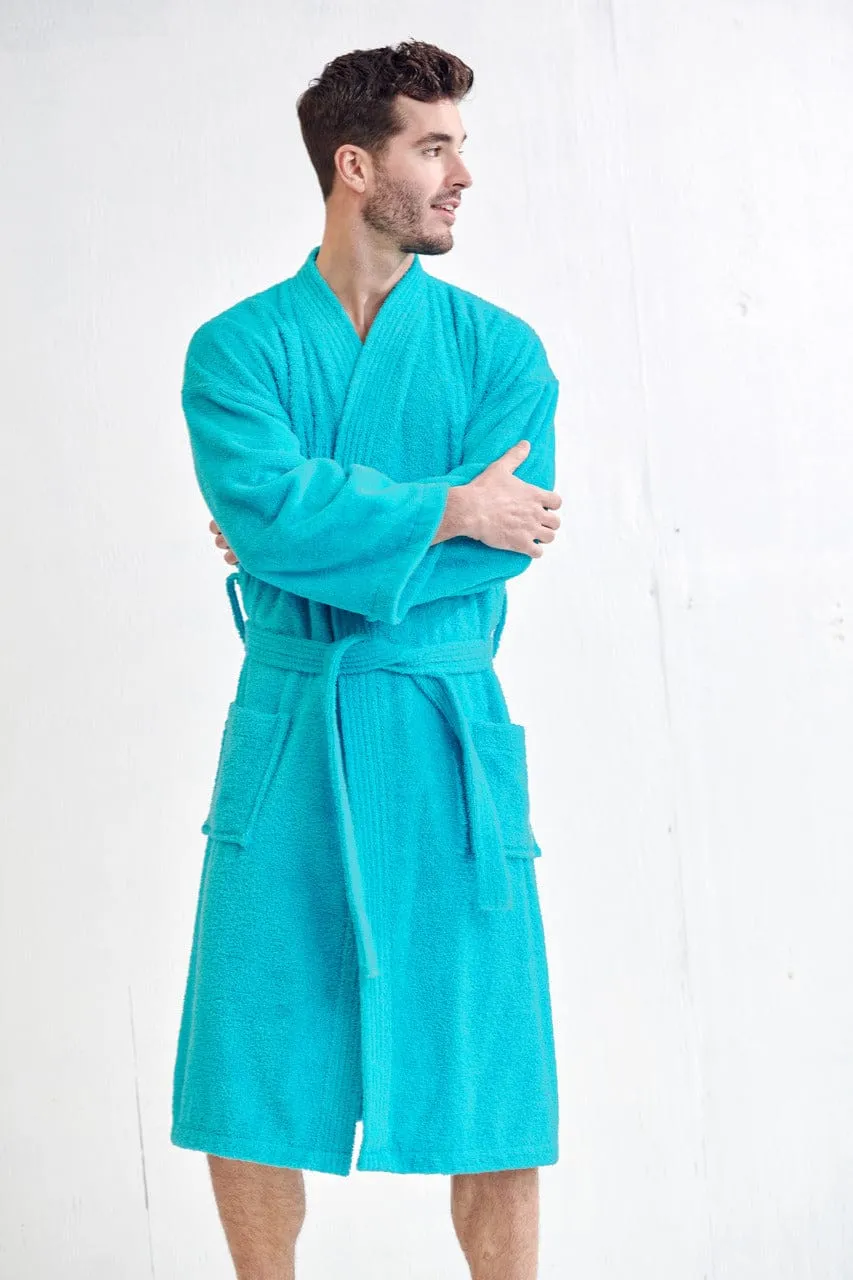 Men's Terry Cloth Cotton Turkish Bathrobe, Kimono Style, Luxury & Comfortable, (Aqua)