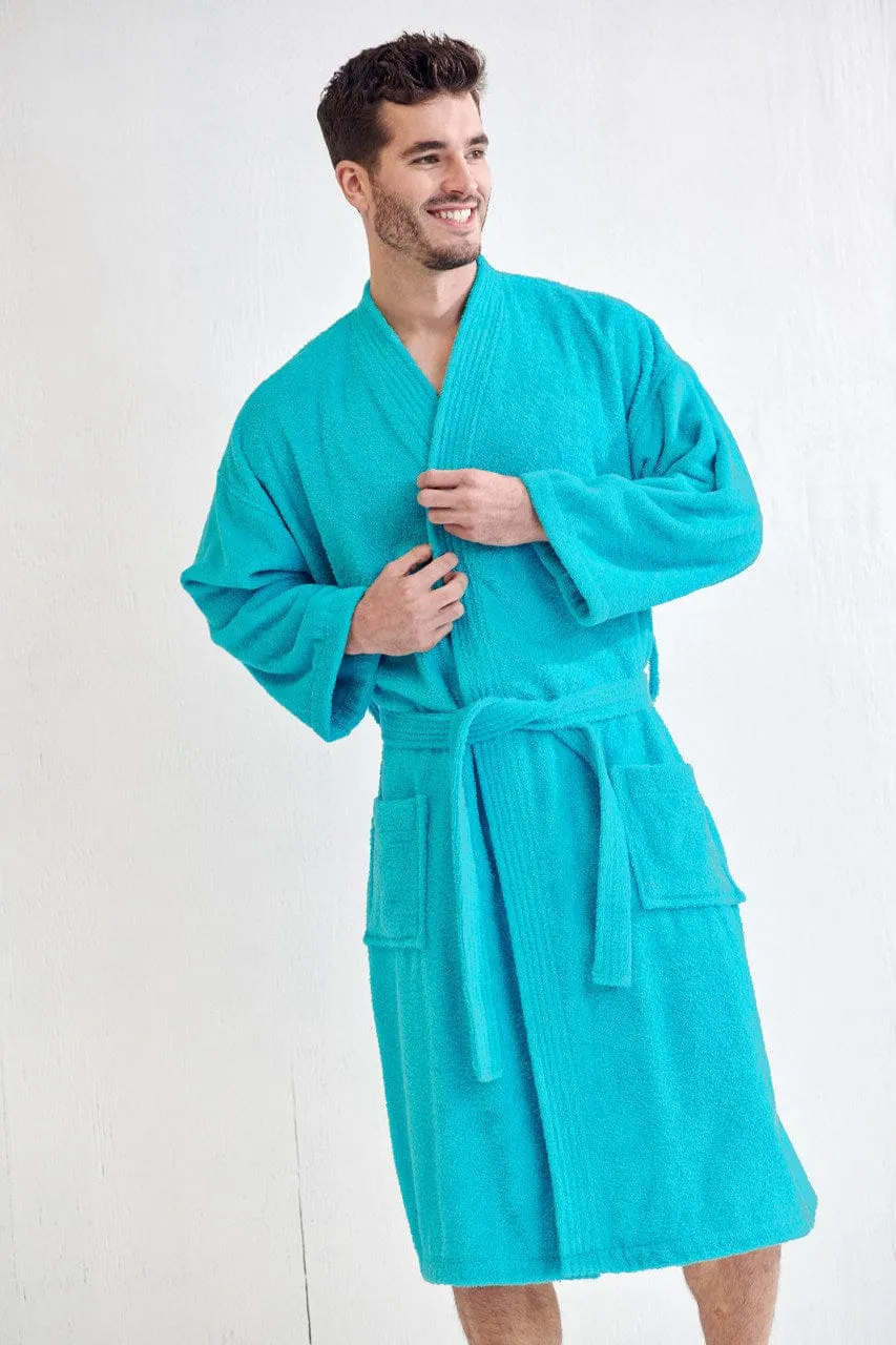 Men's Terry Cloth Cotton Turkish Bathrobe, Kimono Style, Luxury & Comfortable, (Aqua)