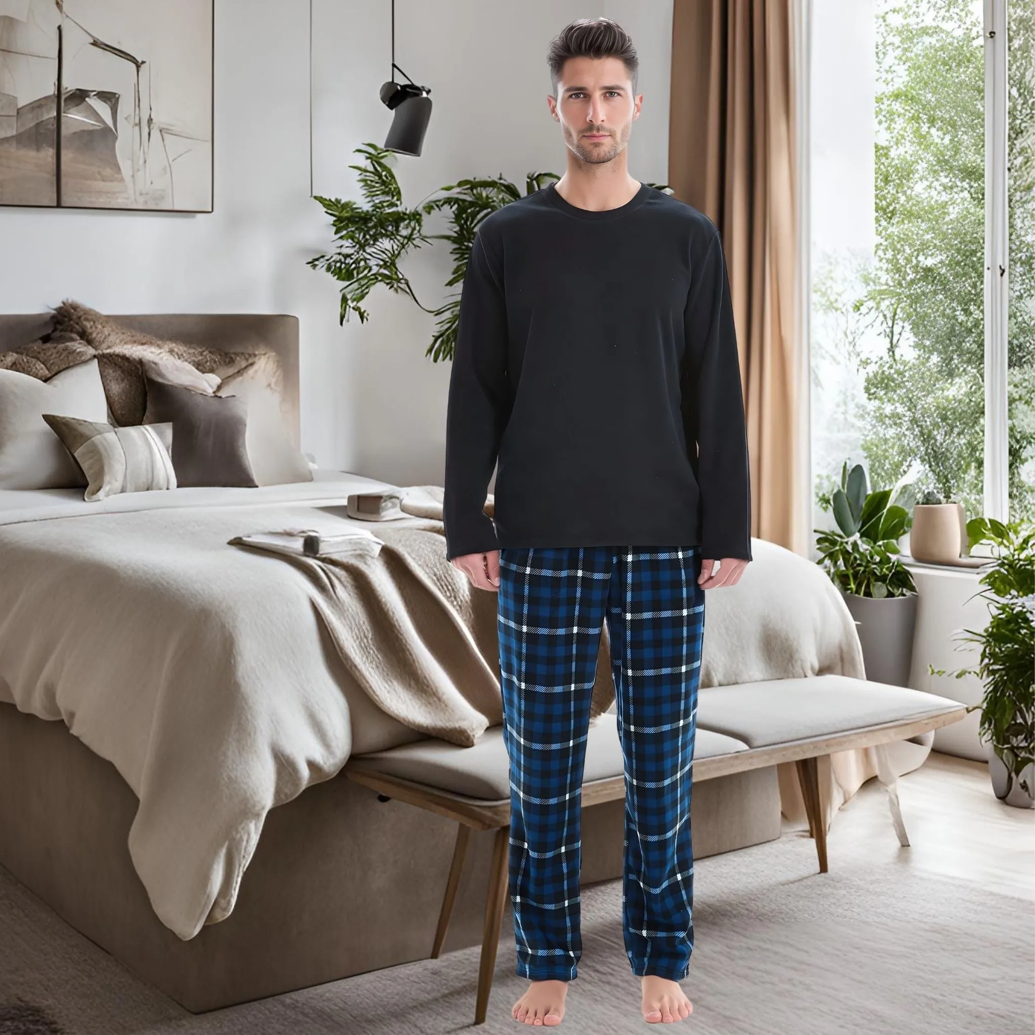 Mens Thermal Fleece Pyjama Set, Luxury Long Sleeve Pyjamas Navy Checked