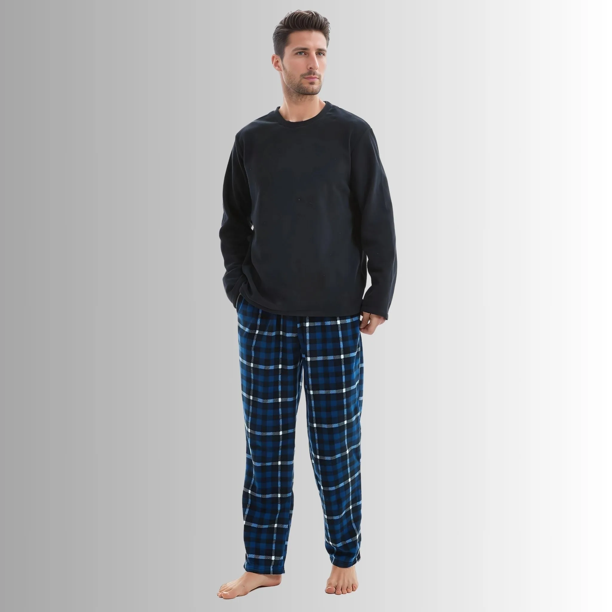 Mens Thermal Fleece Pyjama Set, Luxury Long Sleeve Pyjamas Navy Checked