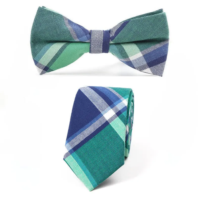 Men's Trendy Plaid Pattern Bow Tie Handkerchief Necktie