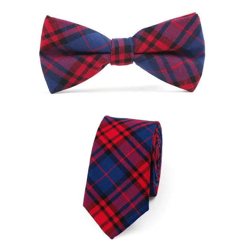 Men's Trendy Plaid Pattern Bow Tie Handkerchief Necktie