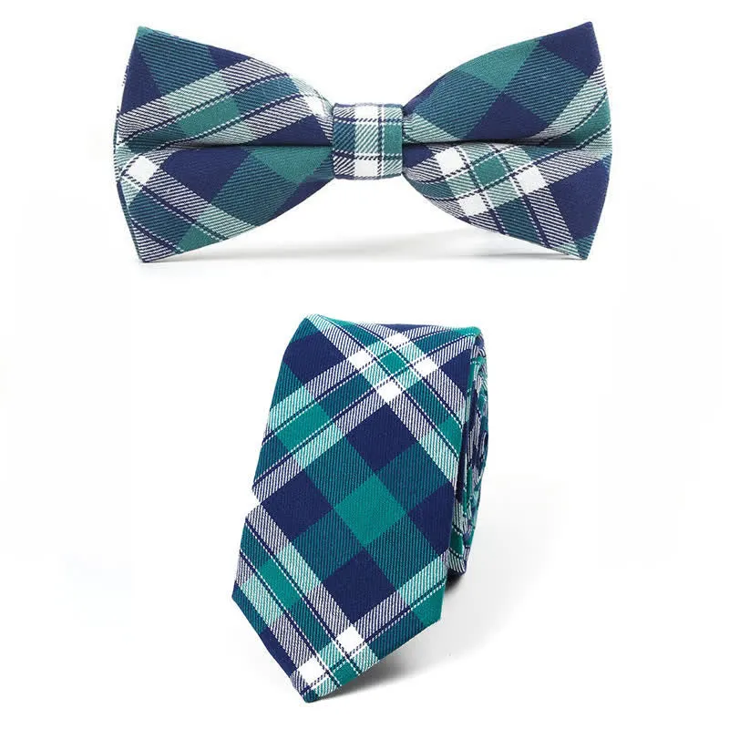 Men's Trendy Plaid Pattern Bow Tie Handkerchief Necktie