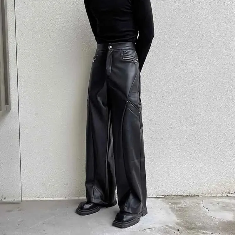 Men's Trousers New Fashionable PU Leather Wide Leg Casual Pants Korean Style Versatile Baggy Strtwear Trend Male C2993