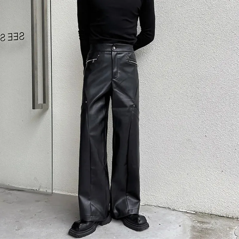 Men's Trousers New Fashionable PU Leather Wide Leg Casual Pants Korean Style Versatile Baggy Strtwear Trend Male C2993