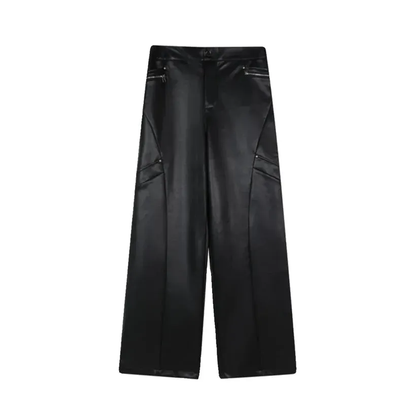 Men's Trousers New Fashionable PU Leather Wide Leg Casual Pants Korean Style Versatile Baggy Strtwear Trend Male C2993