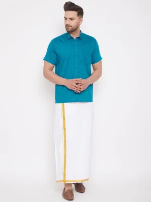 Men's Turquoise And White Cotton Blend Shirt And Mundu - Vastramay