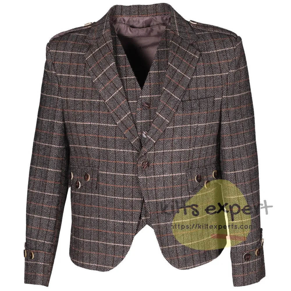 Men's Tweed Brown Argyll Jacket & Waistcoat Set - Classic & Warm