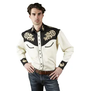 Men’s Vintage 2-Tone Khaki & Black Western Shirt with Floral Embroidery