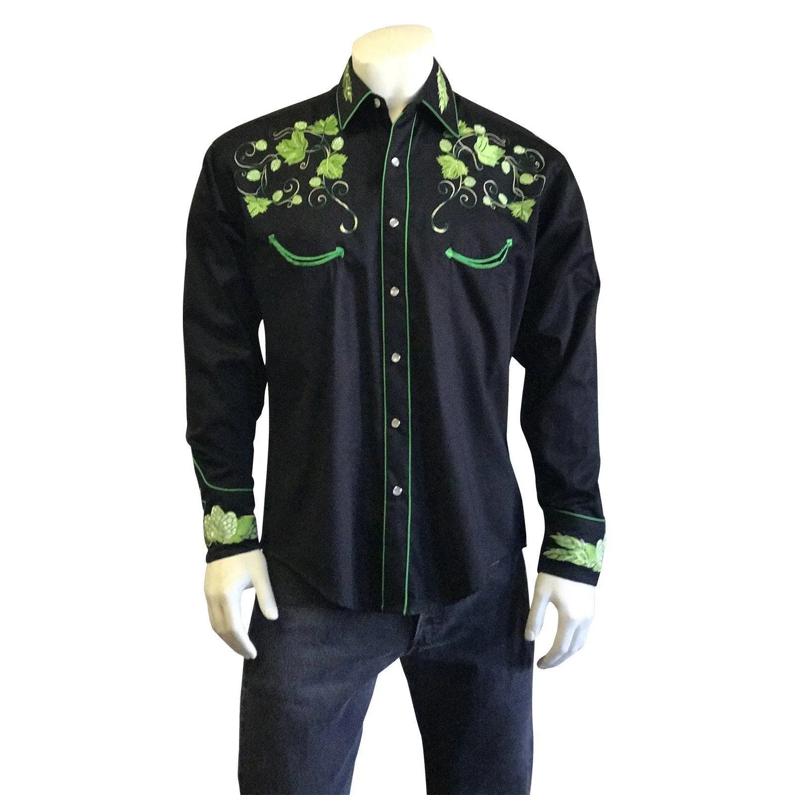 Men's Vintage Beer Hops Embroidered Western Shirt in Black