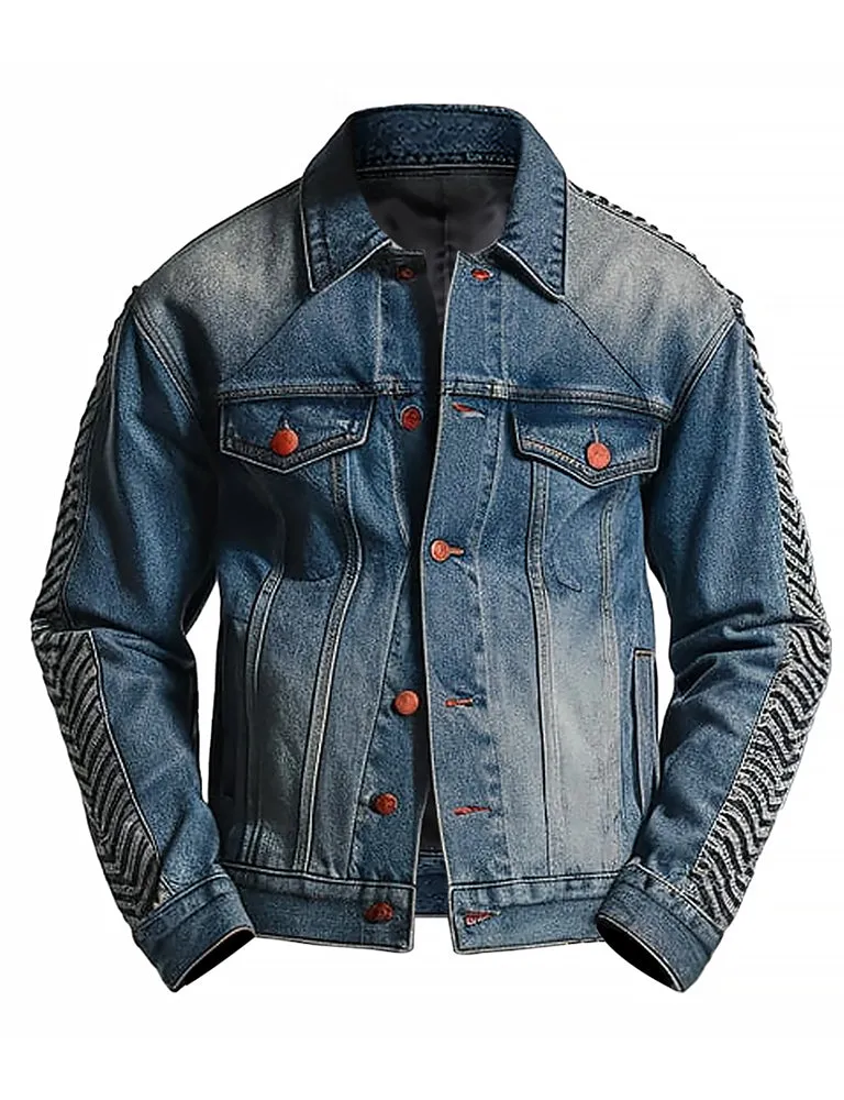 Men's Vintage Blue With Chevron Sleeve Denim Jacket