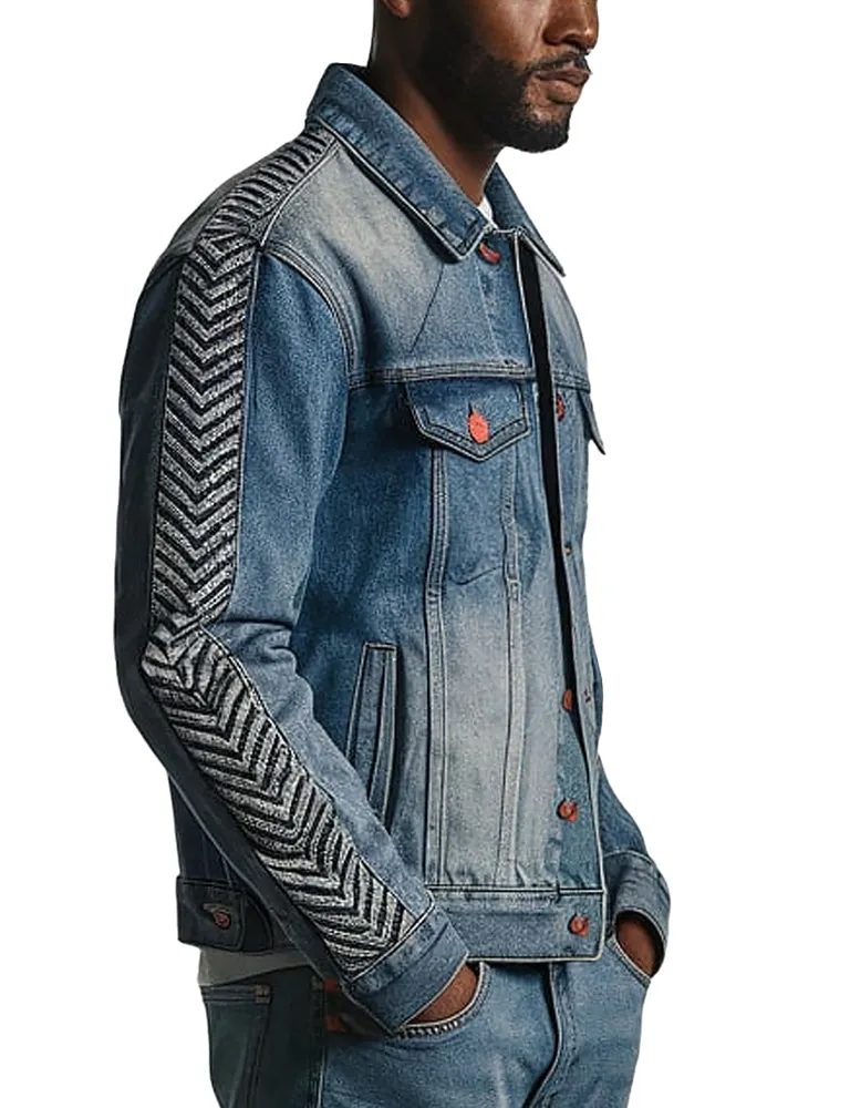 Men's Vintage Blue With Chevron Sleeve Denim Jacket