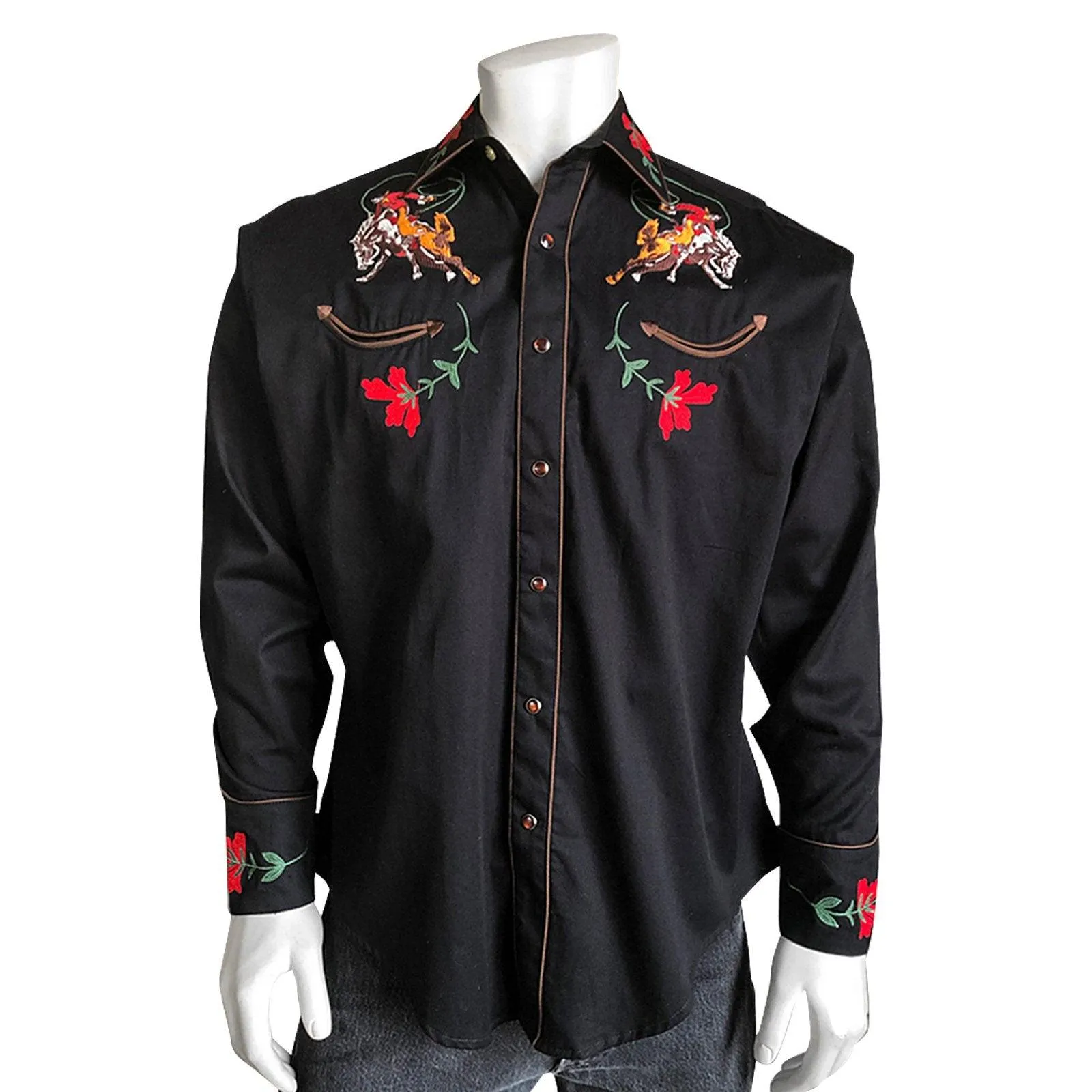 Men's Vintage Bronc Embroidered Western Shirt in Black