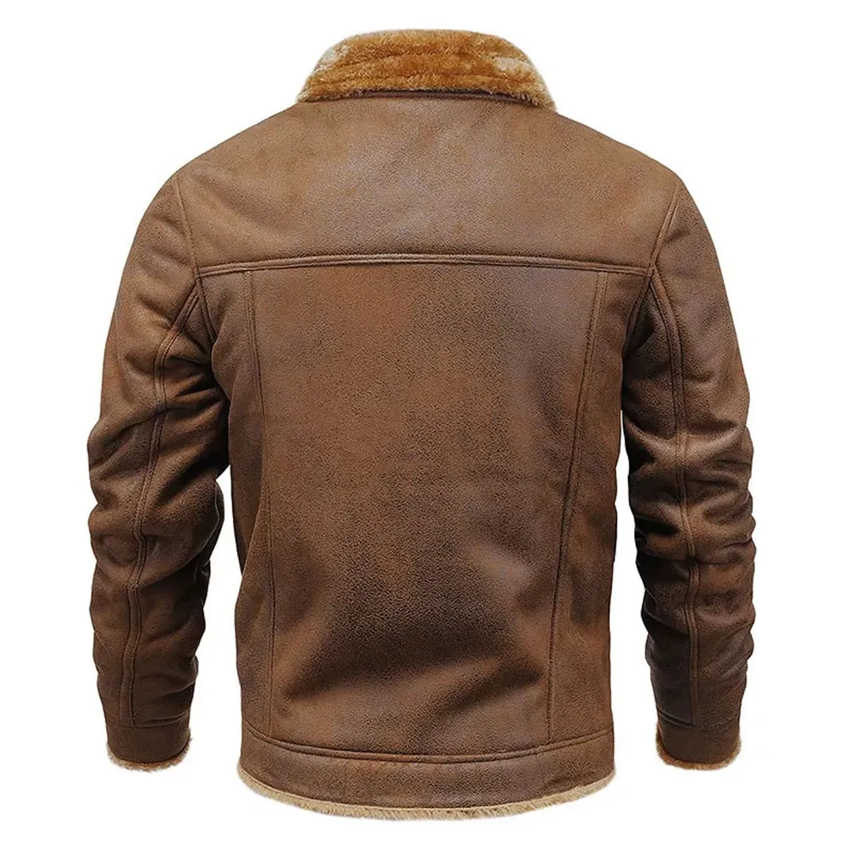 Men’s Vintage Distressed Brown Genuine Sheepskin Sherpa Shearling Faux Fur Lined Turn-Down Collar Winter Warm Fashionable Casual Classic Leather Jacket