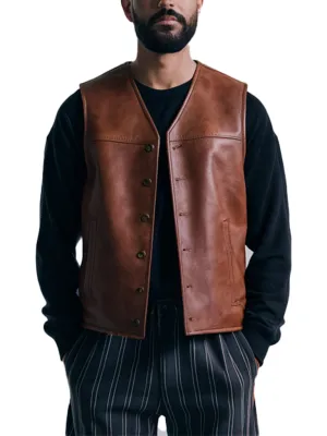 Men's Vintage Motorcycle Style Brown Leather Vest