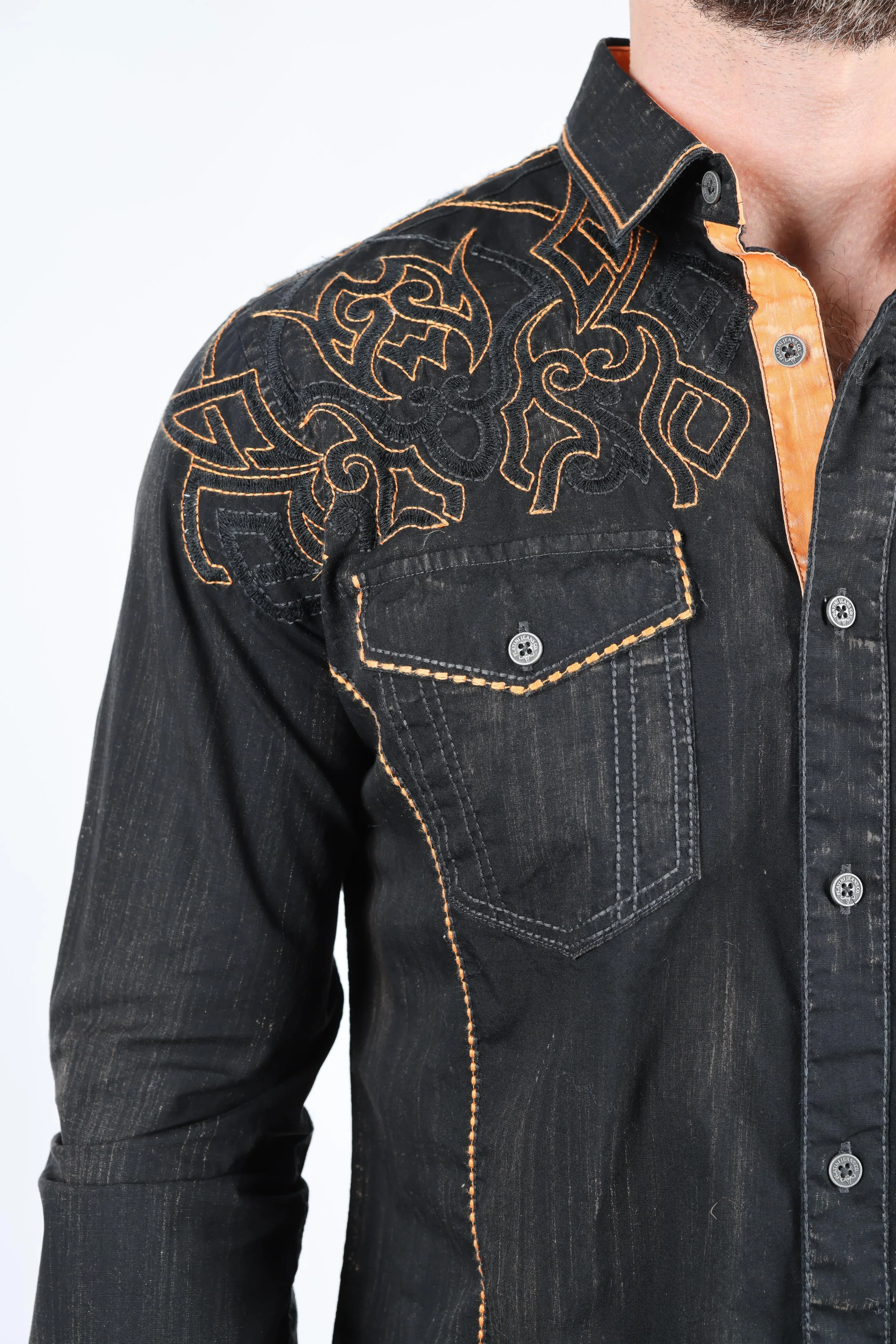 Mens Vintage Washed 2-tone Embroidery Modern Fit Stretch Shirt