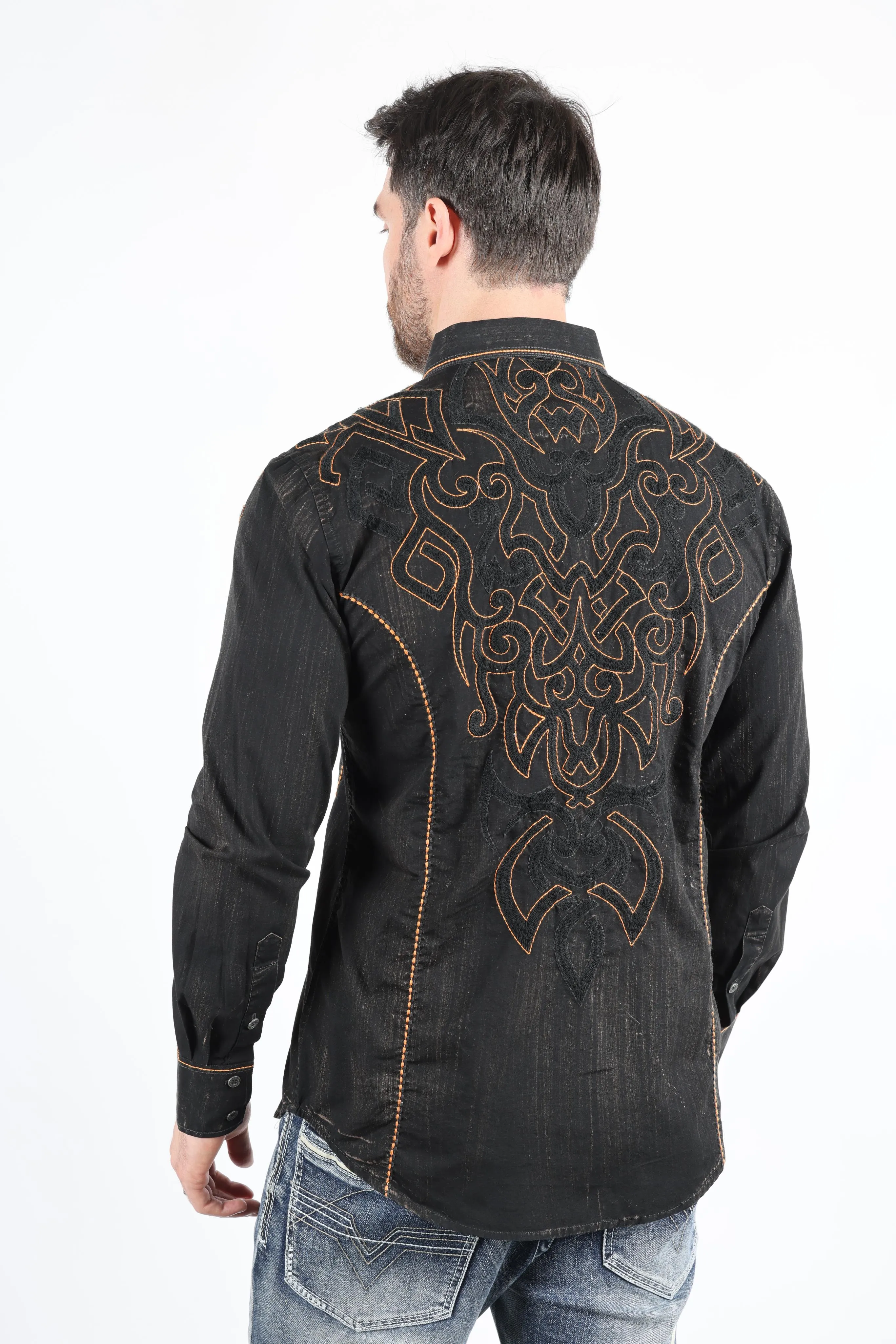 Mens Vintage Washed 2-tone Embroidery Modern Fit Stretch Shirt