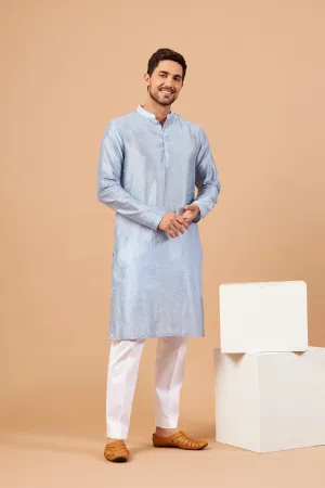 Men's Viva Dot Embroidered Sky Blue Kurta With Crop Pants - Hilo Design